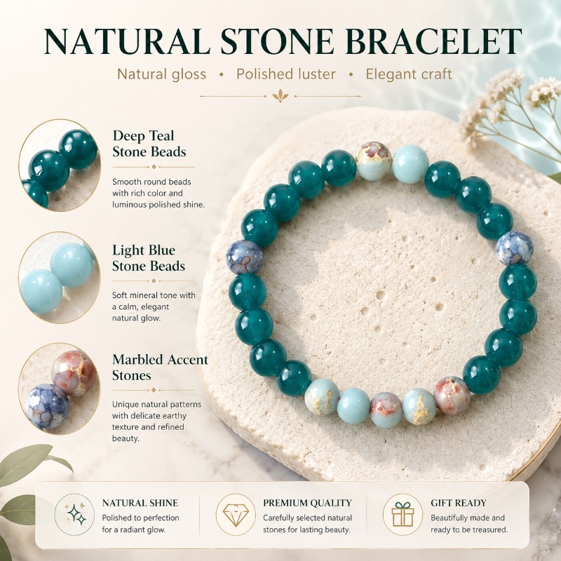 Green Chalcedony Mixed Color Bead Bracelet, Unisex Gift